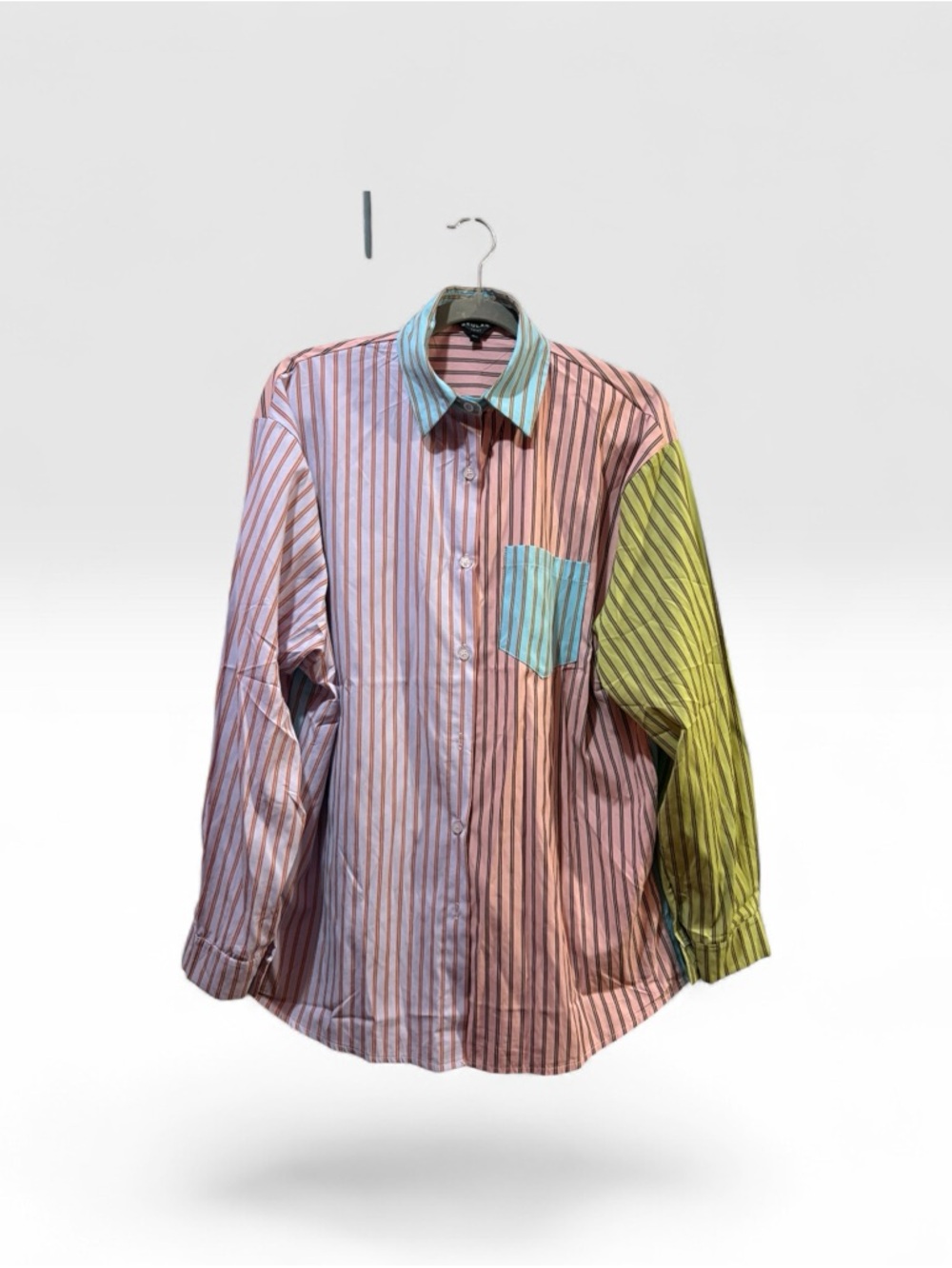 Beulah Striped colorblock Button-Down Shirt in Pink, Blue & Green cotton blend